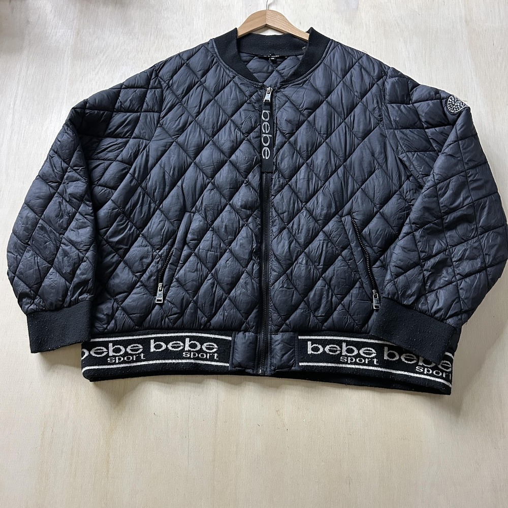 Y2K Bebe Sport Jacket Womens 3X Black Quilted Bomber Full Zip Logo Hem Cozy